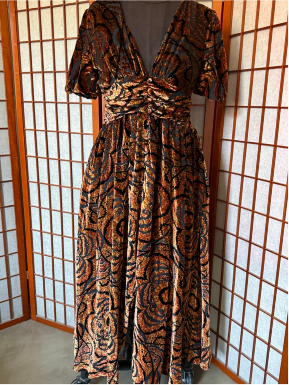 Women's Anthropologie Burnout Brown Black Velvet Maxi Dress Size 10